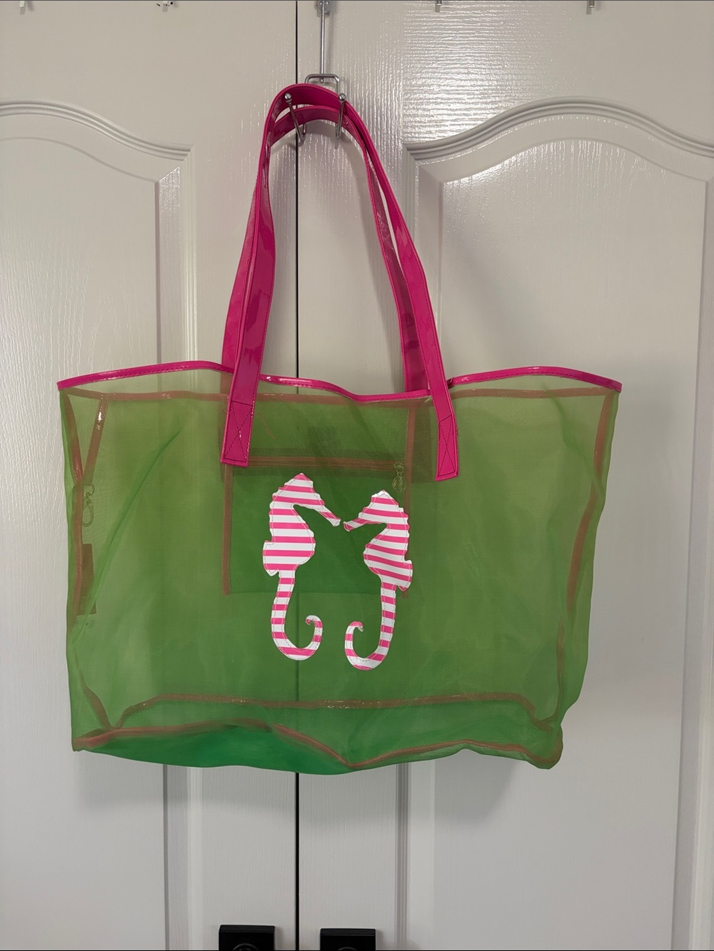 Macbeth Collection by Margaret Josephs Green Mesh Tote with Hot Pink Trim